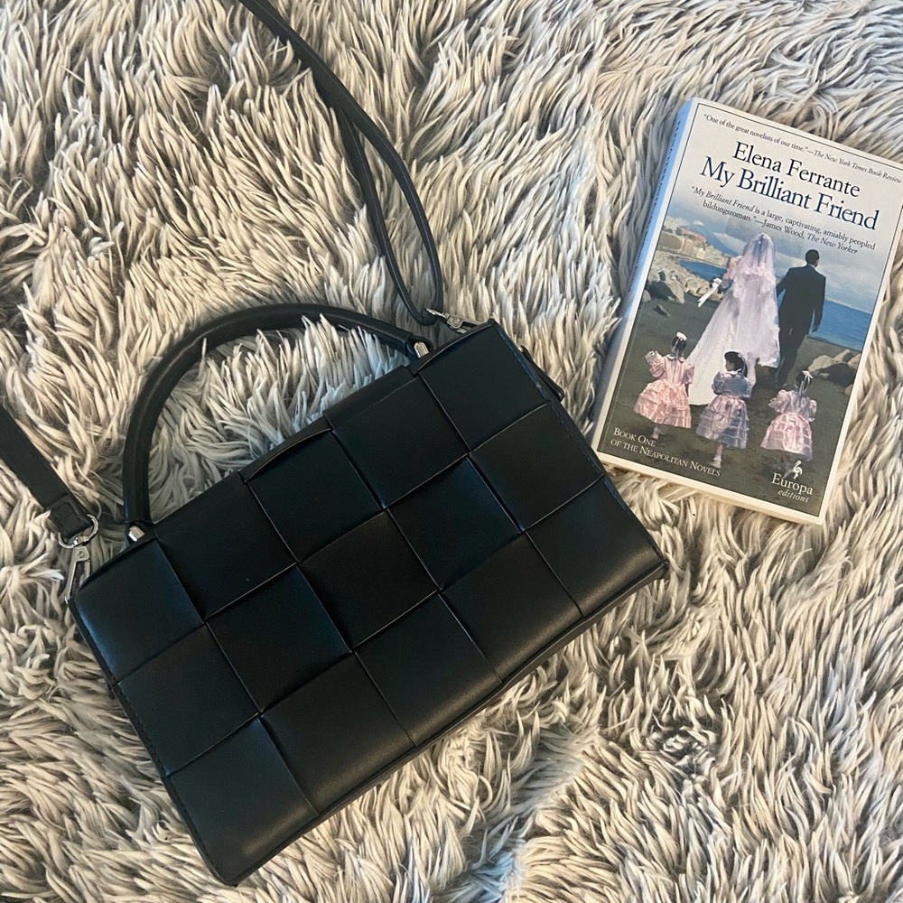 Woven Faux Leather Black Shoulder Bag